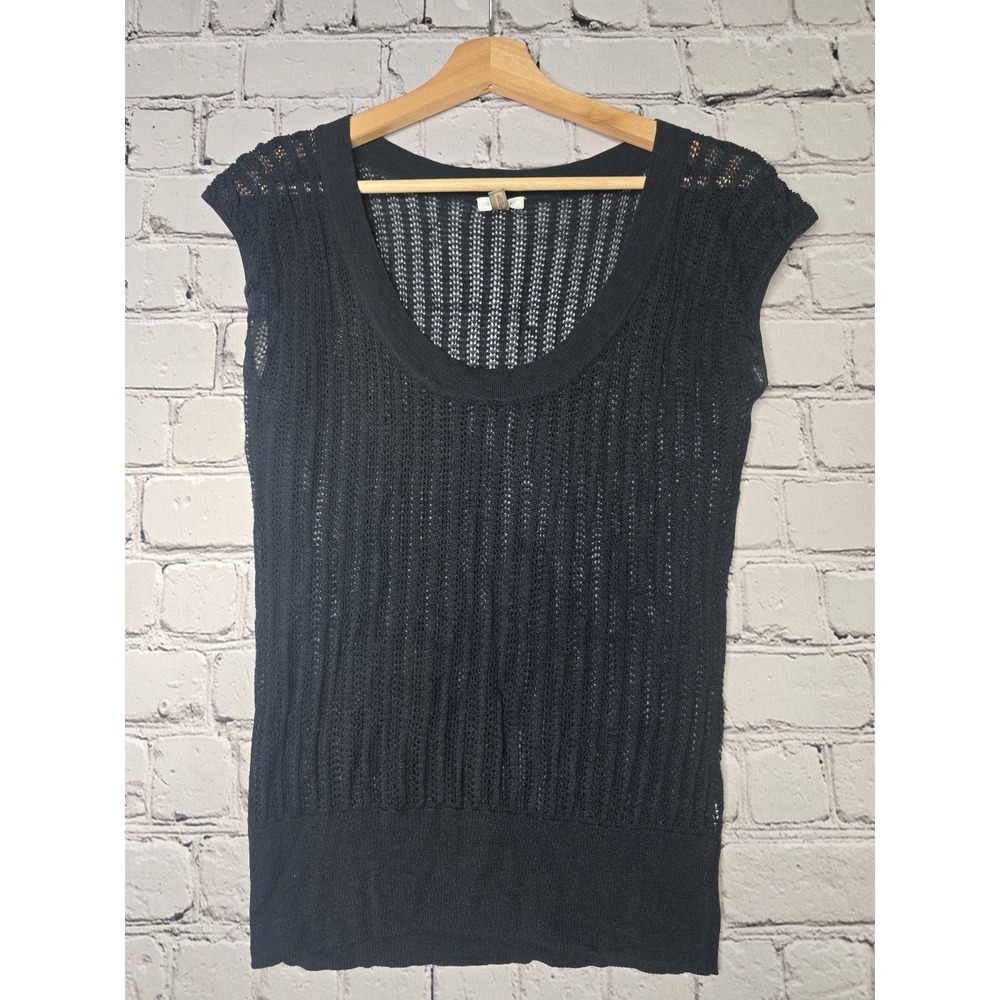 Vintage 90s Semantiks Crochet Black Scoop Neck Knit Boho Top Size Small
